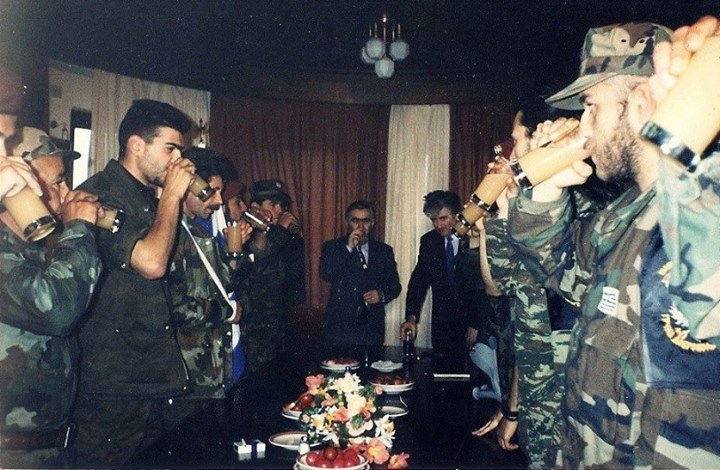 April 1994, Pale, Bosnia And Herzegovina; Radovan Karadzic, Momcilo Krajisnik, and Greek Volunteers
