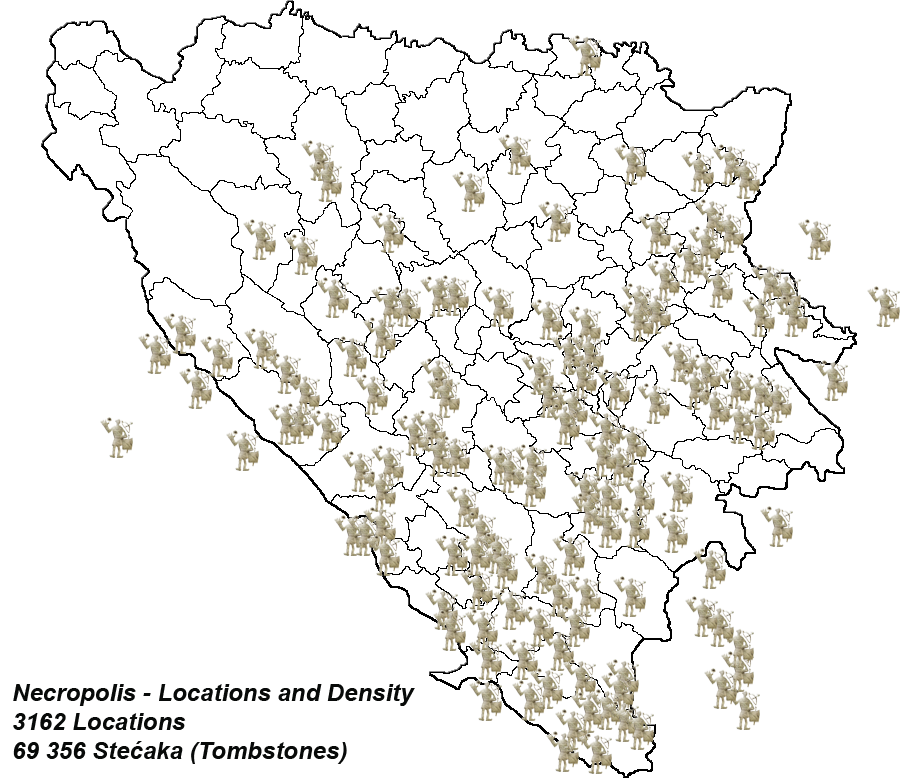 Location of Stećci on the map of Bosnia and Herzegovina and surrounding area that use to be part of the Kingdom of Bosnia