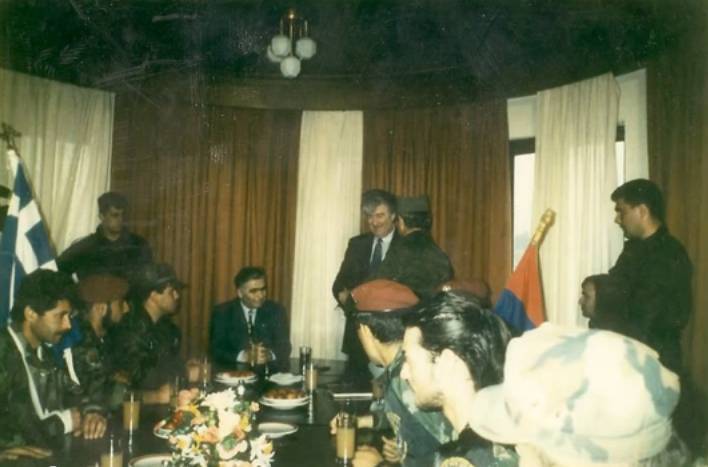 April 1994, Pale, Bosnia And Herzegovina; Radovan Karadzic, Momcilo Krajisnik, and Greek Volunteers